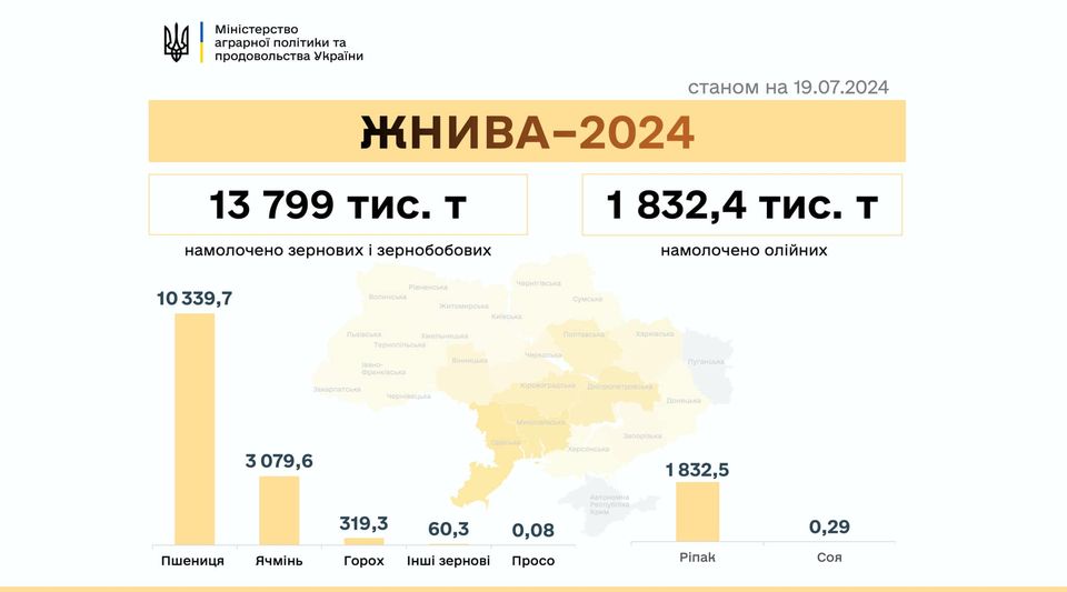 Жнива-2024: в Україні вже намолочено понад 15 мільйонів тонн зернових та олійних