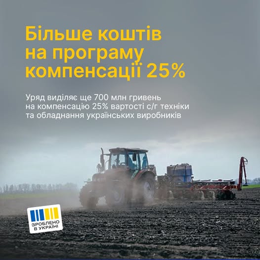 Додаткові 700 млн гривень отримала Програма компенсації 25% вартості с/г техніки та обладнання українських виробників