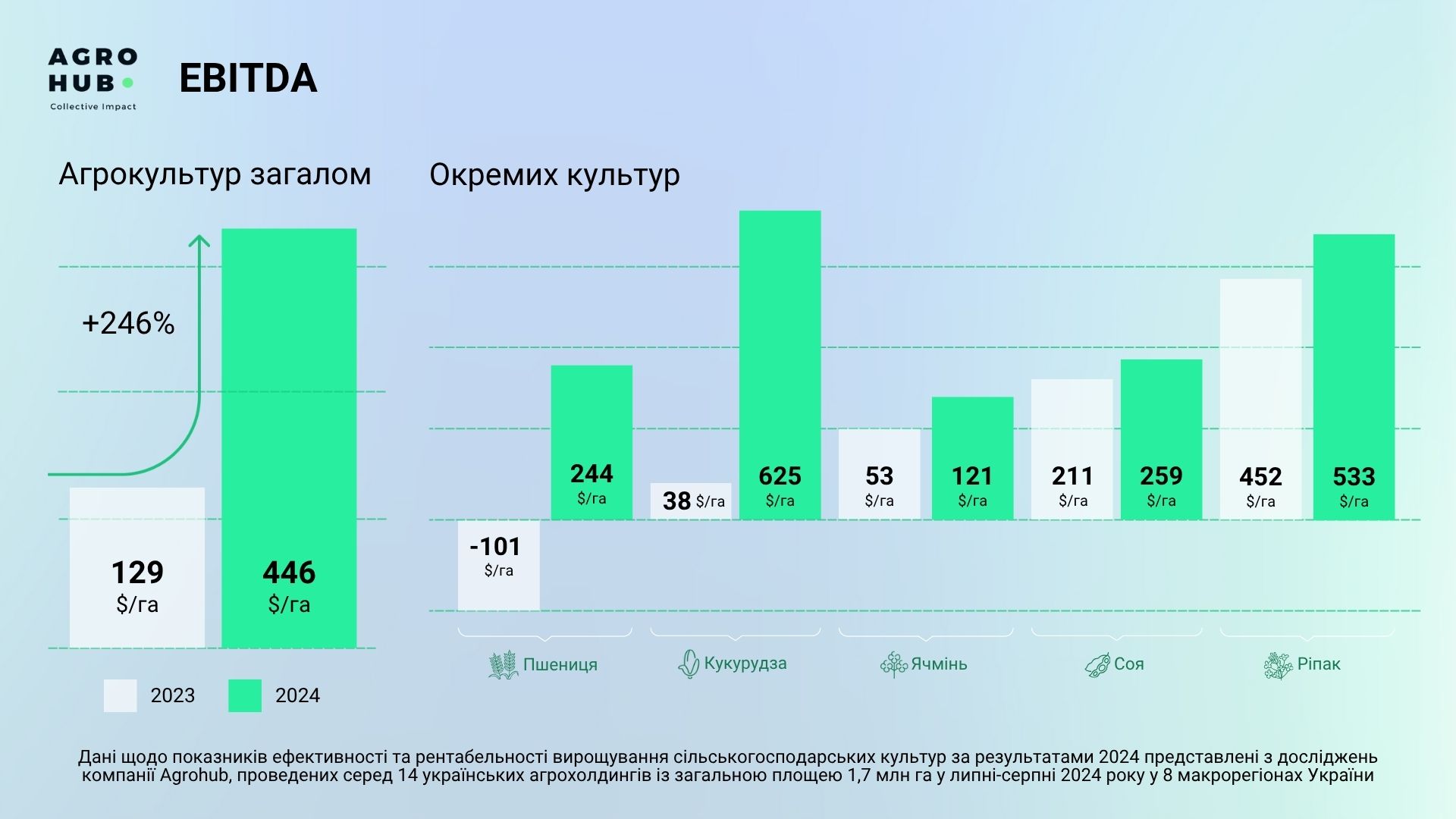 Agrohub підбив підсумки продажів врожаю 2024, загальний EBITDA зріс в 3,5 рази та становить 446 $/га